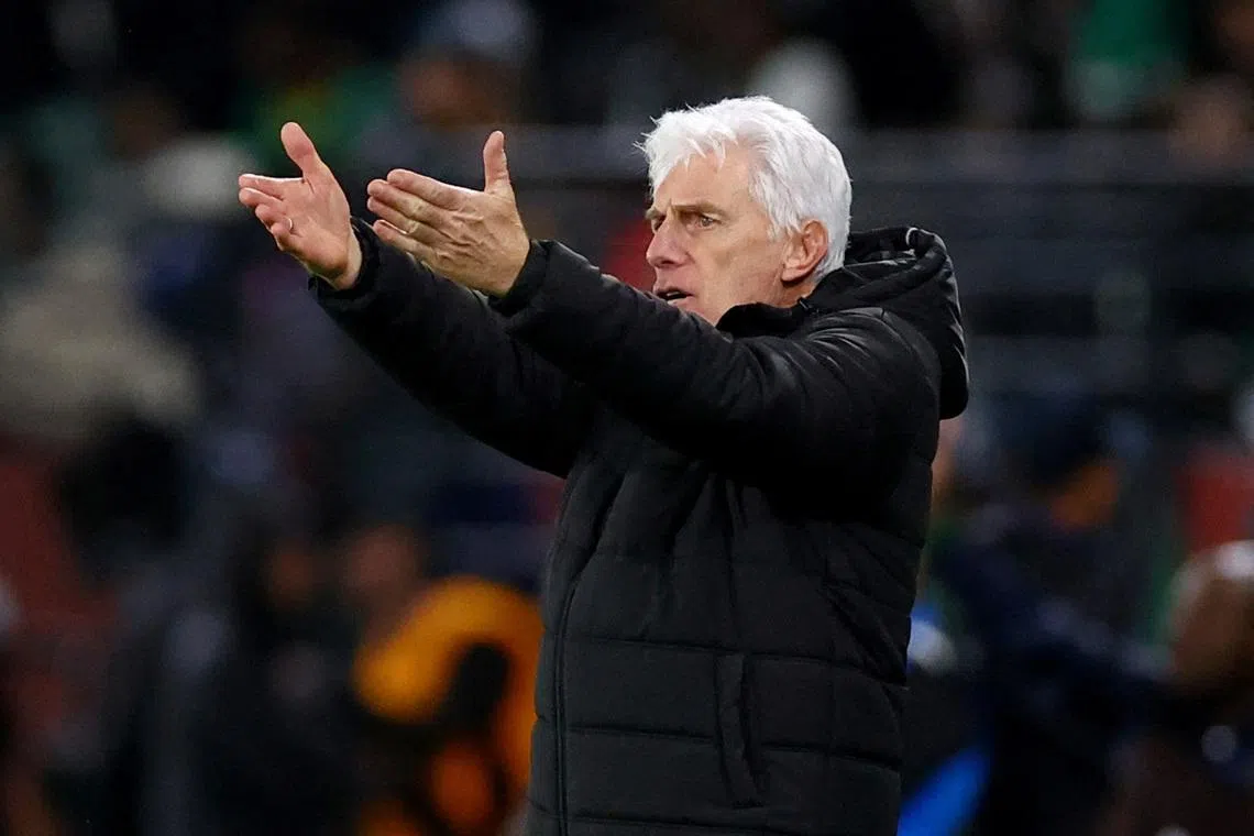 FILE PHOTO: Soccer Football - CAF Africa Cup of Nations - Morocco 2025 - Round of 16 - South Africa v Cameroon - Al Medina Stadium, Rabat, Morocco - January 4, 2026 South Africa coach Hugo Broos reacts REUTERS/Siphiwe Sibeko/File Photo