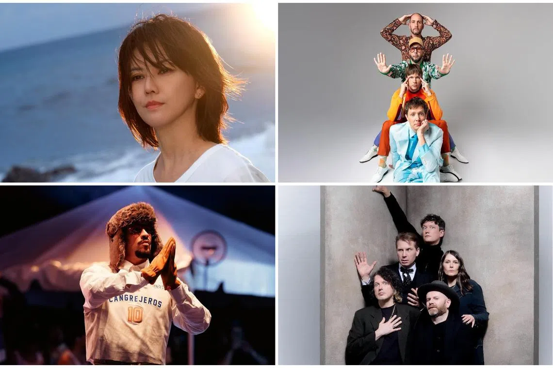 (Clockwise from top left) Homegrown Mandopop star Stefanie Sun, American band OK Go, Scottish indie rock band Franz Ferdinand and Puerto Rican singer-rapper Bad Bunny.