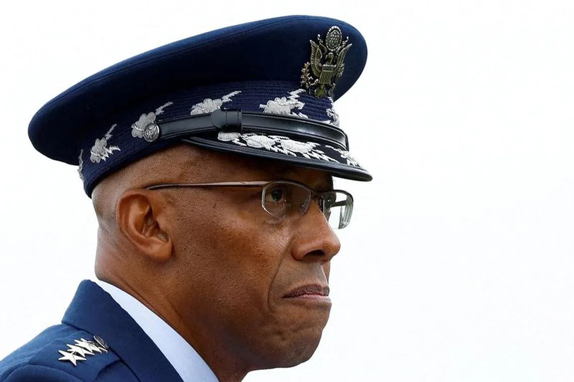 FILE PHOTO: 21st Chairman of the Joint Chiefs of Staff General Charles Q. Brown, Jr. attends the Armed Forces Farewell Tribute in honor of General Milley and an Armed Forces Hail in honor of General Brown, at Summerall Field at Joint Base Myer-Henderson Hall, Arlington, Virginia, U.S., September 29, 2023. REUTERS/Evelyn Hockstein/File Photo
