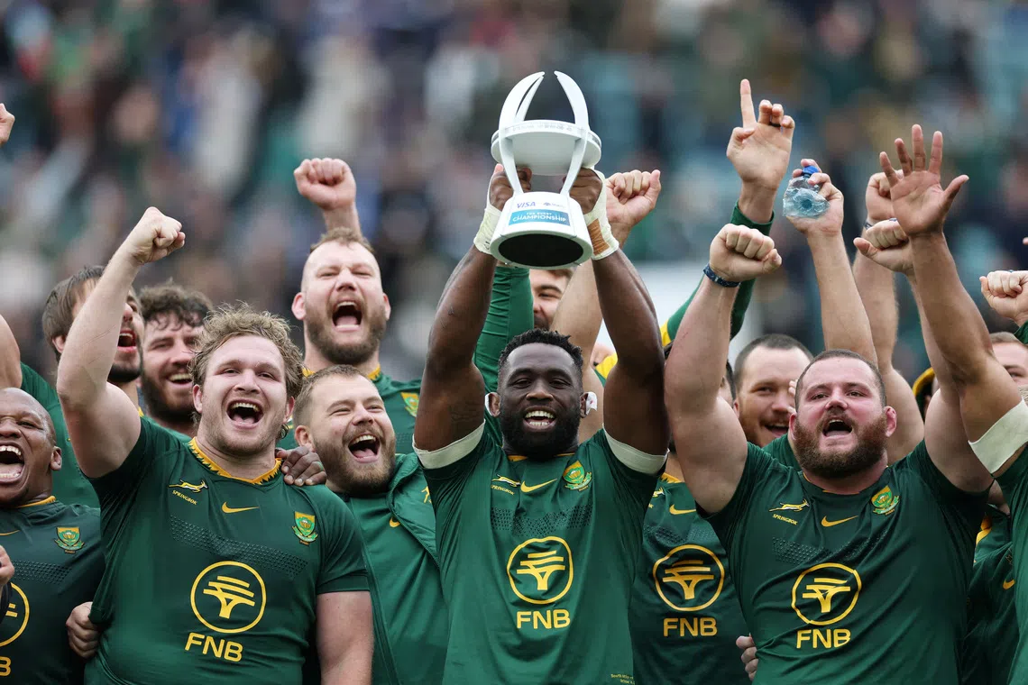 FILE PHOTO: Rugby - Rugby Championship - Argentina v South Africa - Allianz Stadium, Twickenham, London, Britain - October 4, 2025 South Africa's Siya Kolisi holds up the trophy after winning the match Action Images via Reuters/Paul Childs/File Photo