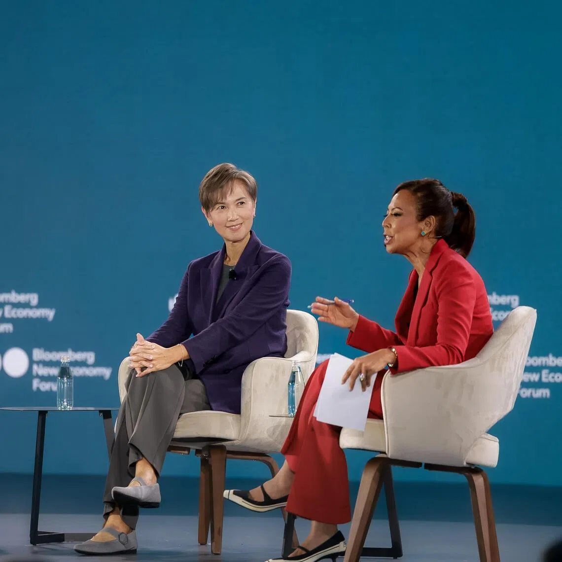(From left) Google DeepMind’s chief operating officer Lila Ibrahim and Digital Development and Information Minister Josephine Teo at a plenary session moderated by Bloomberg Television’s anchor and editor-at-large Haslinda Amin on Nov 19.