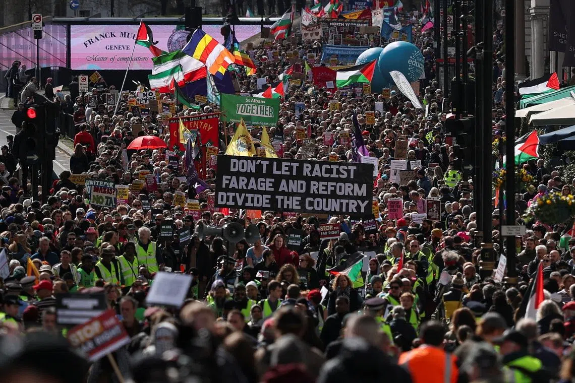Demonstrators march against far-right extremism from Park Lane to Trafalgar Square, organised by the Together Alliance, a coalition of unions and civil society groups, in London, Britain, March 28, 2026. REUTERS/Hannah McKay