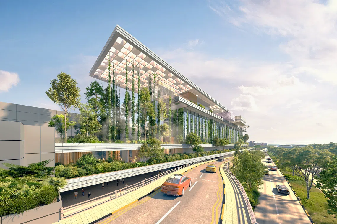 An artist's impression of the exterior of the new Hotel Indigo Changi Airport, which will open at Terminal 2 by 2028.