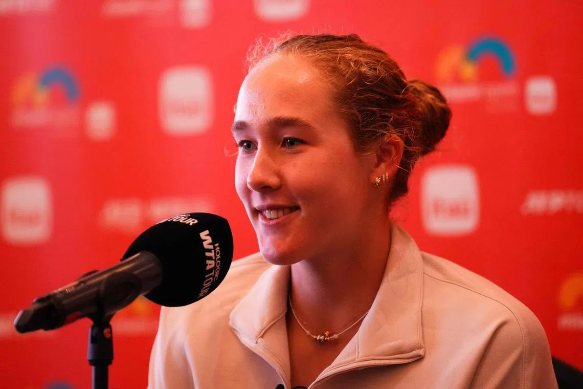 Russian teenager Mirra Andreeva speaking at a press conference ahead of the Miami Open.