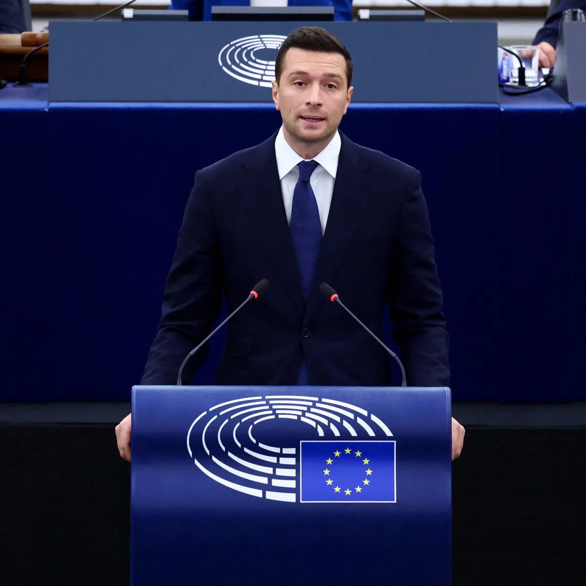 Jordan Bardella, president of the French far-right Rassemblement National (National Rally - RN) political party, speaks after the State of the European Union address (SOTEU) by European Commission President Ursula von der Leyen to the European Parliament, in Strasbourg, France, September 16, 2026. REUTERS/Yves Herman