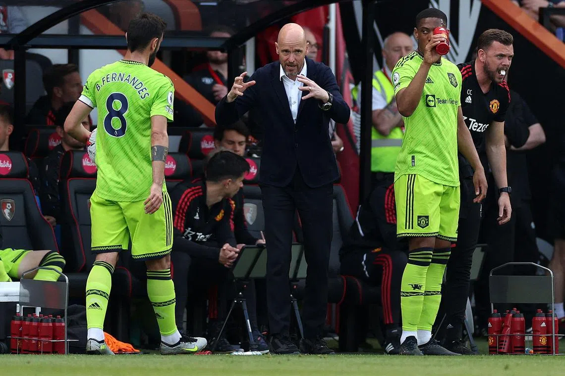 Manchester United manager Erik ten Hag giving instructions to his captain Bruno Fernandes during the 1-0 win over Bournemouth.