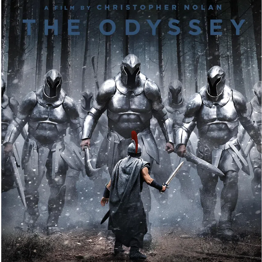 Devyn Dalton (right) is Matt Damon’s stunt double in Christopher Nolan’s summer blockbuster The Odyssey and is featured in the movie’s poster (left).