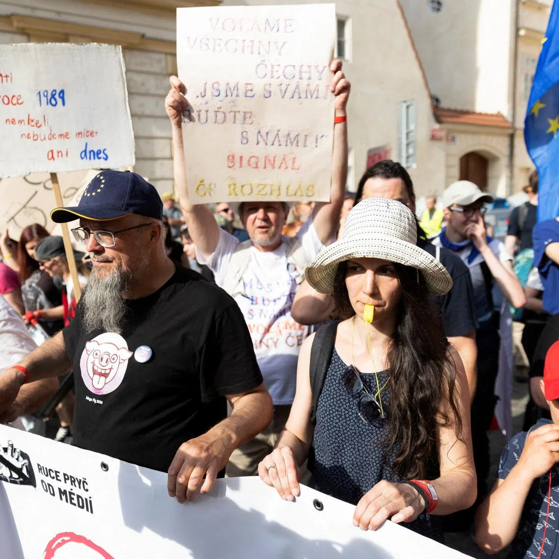 FILE PHOTO: People attend a protest rally in support of public media as the Czech government plans to revamp and cut funding for Czech TV and Czech Radio, in Prague, Czech Republic, May 24, 2026 REUTERS/Eva Korinkova/File Photo