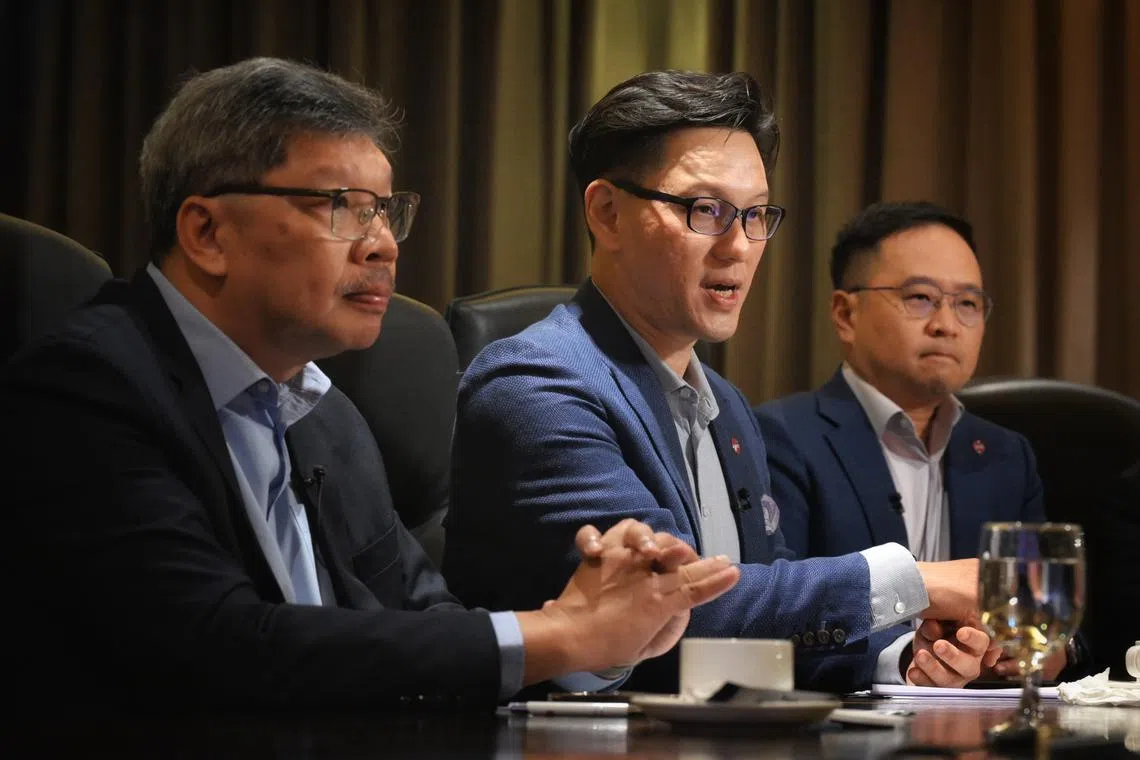 (From left) Gateway Services CEO Bob Chi, Sats president and CEO Kerry Mok and Sats chief operating officer Henry Low at a media briefing on July 10.
