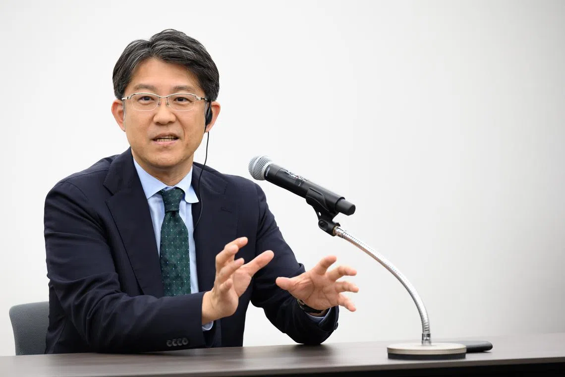 Toyota Motor CEO Koji Sato speaks to foreign media at Toyota's Tokyo headquarters on Friday, April 21, 2023.