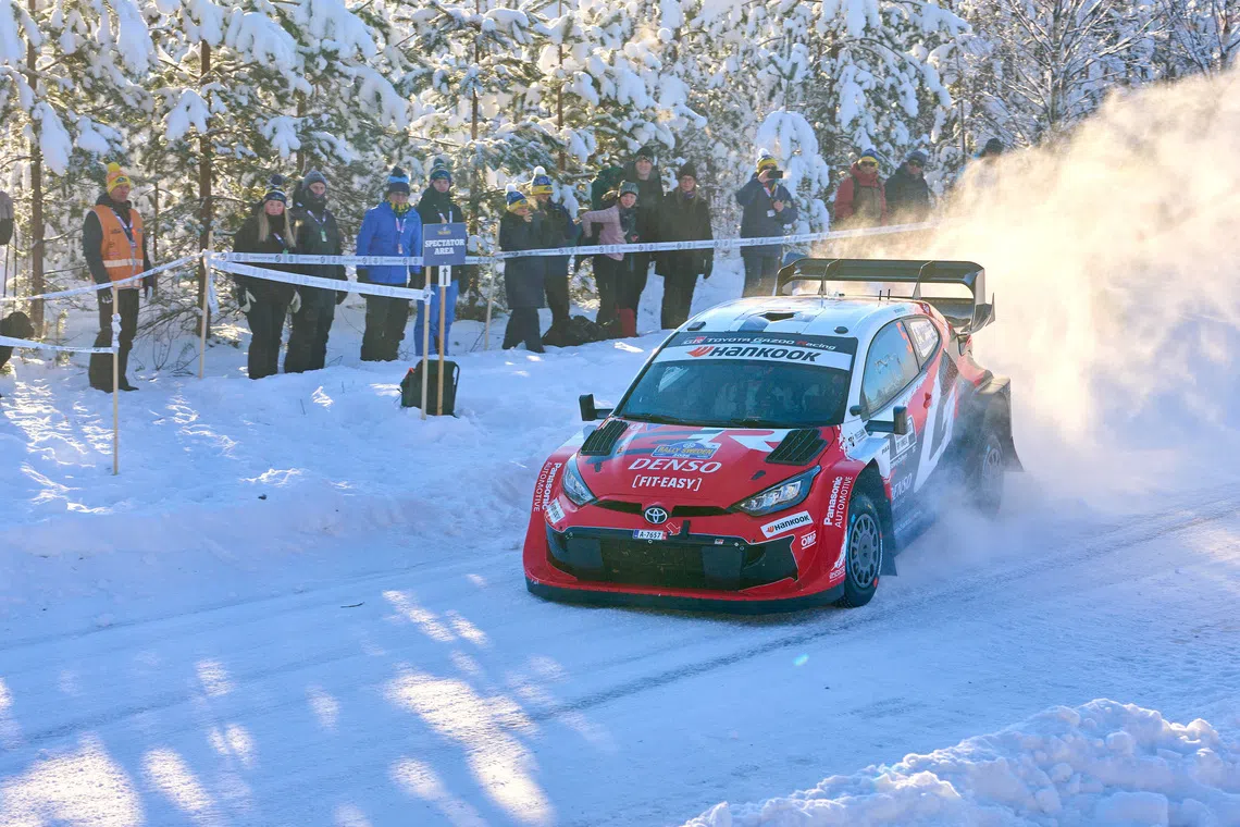 FILE PHOTO: Sami Pajari, Finland, with co-driver Marko Salminen, Finland, compete in their Toyota GR Yaris Rally1 during the second round of the FIA World Rally Championship in Umea, Sweden, February, 14, 2026. TT News Agency/Peo Moller/via REUTERS/fFile Photo