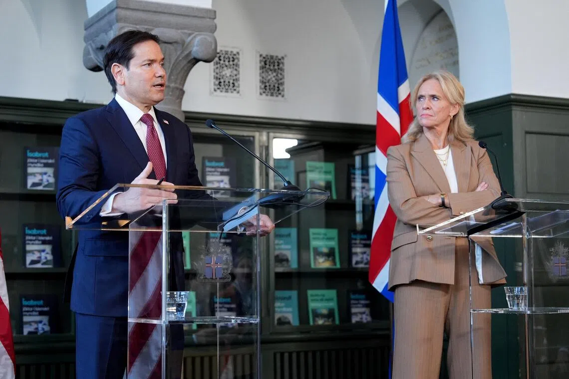 US Secretary of State Marco Rubio speaking during a press conference with Iceland’s Foreign Minister, Thorgerdur Katrin Gunnarsdottir, on Oct 6, in Reykjavik.