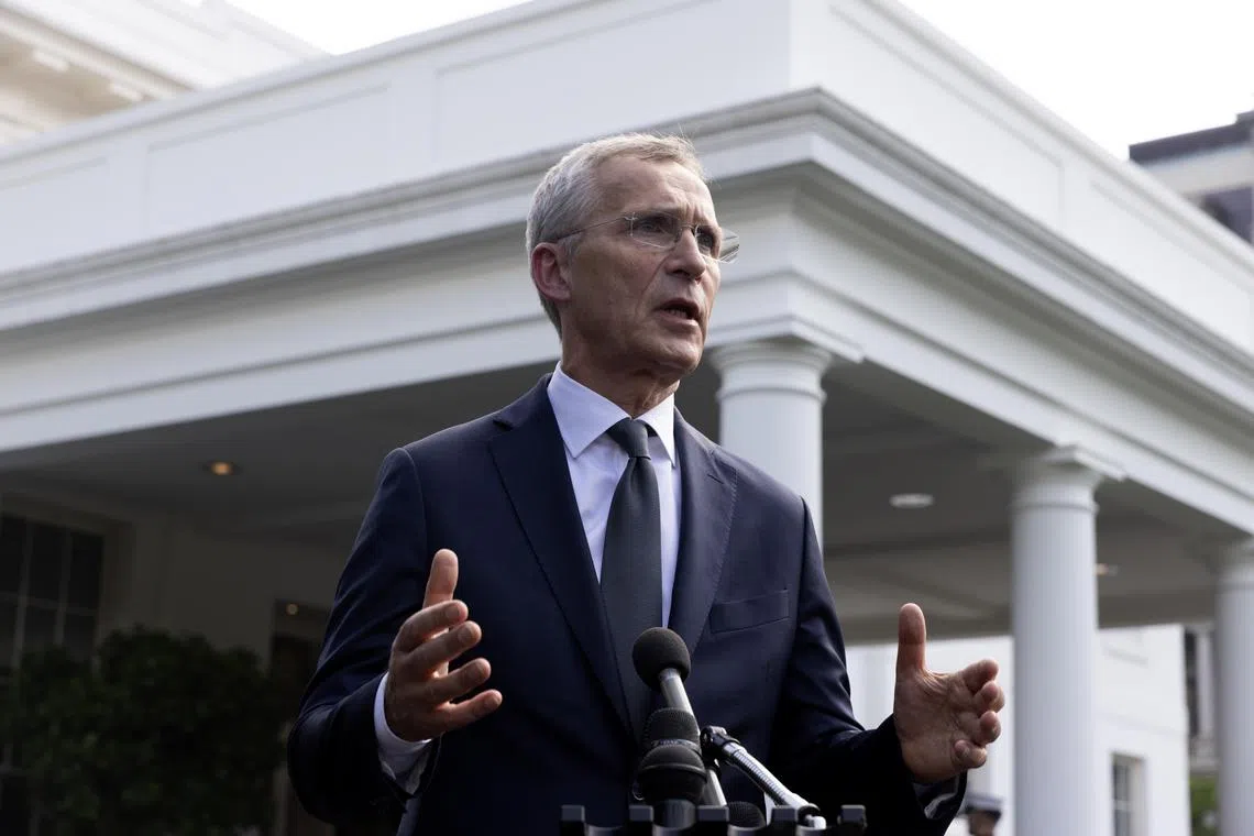 epa11419017 NATO Secretary General Jens Stoltenberg speaks to members of the news media outside the West Wing of the White House following a meeting in the Oval Office with US President Joe Biden (Not Pictured) in Washington, DC, USA, 17 June 2024. US President Joe Biden met with NATO Secretary General Jens Stoltenberg to discuss the ongoing situation in Ukraine and other regional security issues. The 75th anniversary of the NATO alliance will be celebrated at the next NATO Summit, which will be held in Washington, DC, 09-11 July, 2024.  EPA-EFE/MICHAEL REYNOLDS