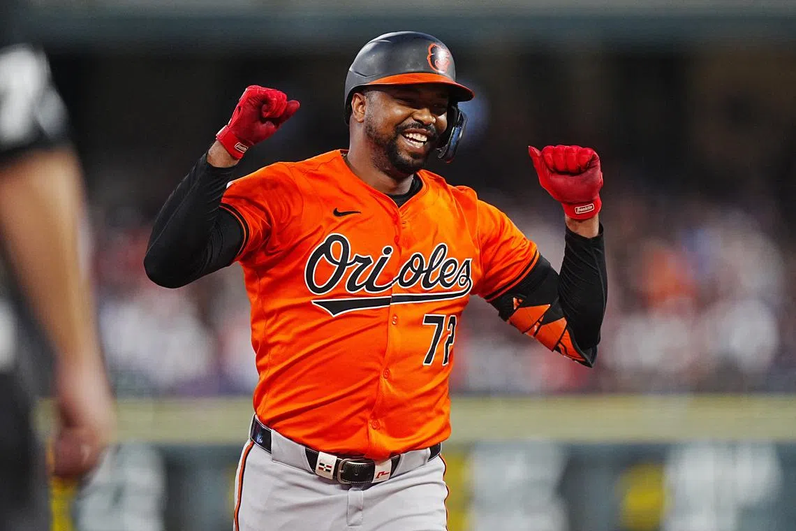 FILE PHOTO: Aug 31, 2024; Denver, Colorado, USA; Baltimore Orioles designated hitter Eloy Jimenez (72) celebrates his solo home run in the fifth inning against the Colorado Rockies at Coors Field. Mandatory Credit: Ron Chenoy-USA TODAY Sports/File photo