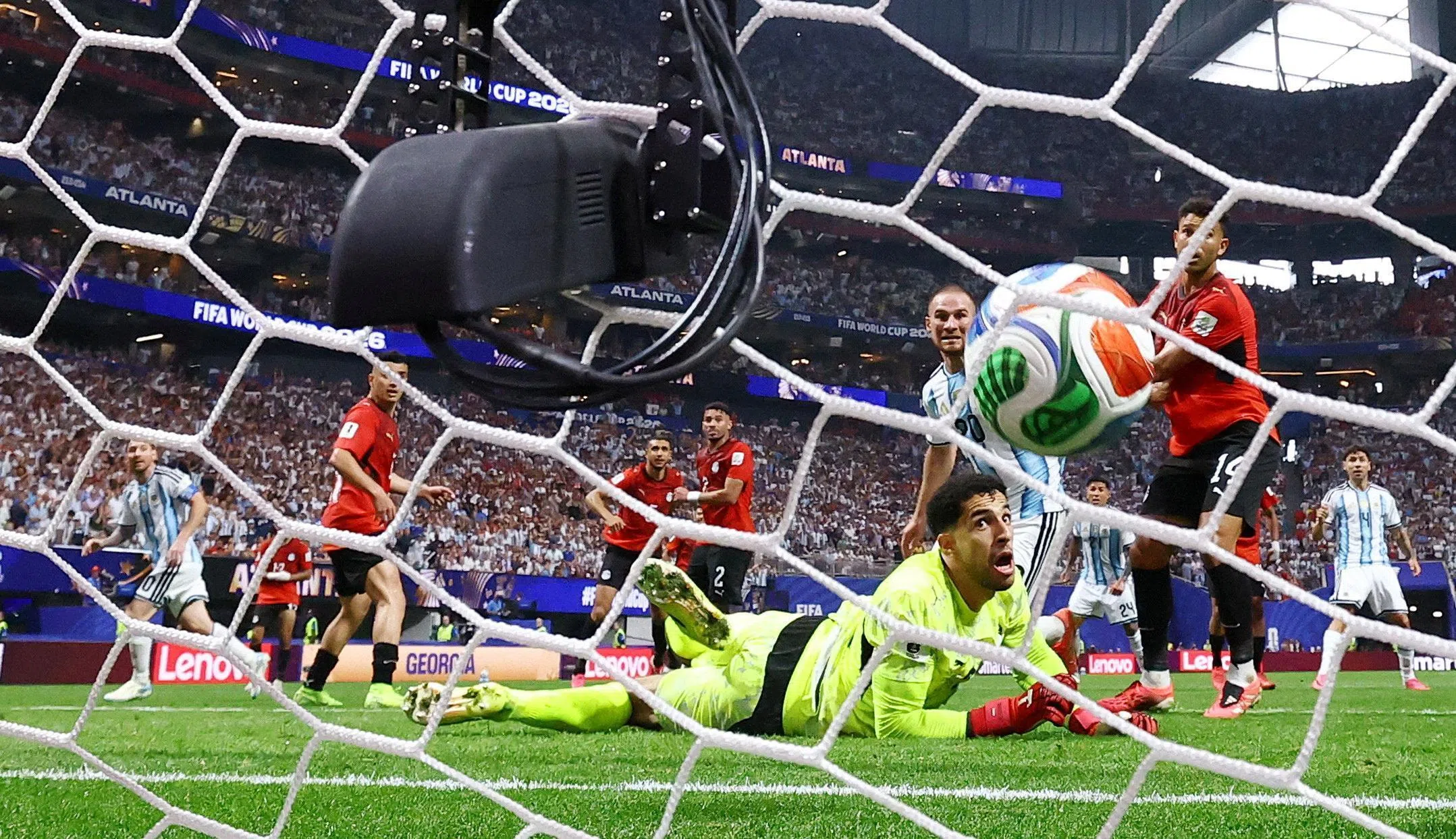 Soccer Football - FIFA World Cup 2026 - Round of 16 - Argentina v Egypt - Atlanta Stadium, Atlanta, Georgia, U.S. - July 7, 2026
Argentina's Lionel Messi scores their second goal past Egypt's Mostafa Shoubir REUTERS/Amanda Perobelli     TPX IMAGES OF THE DAY