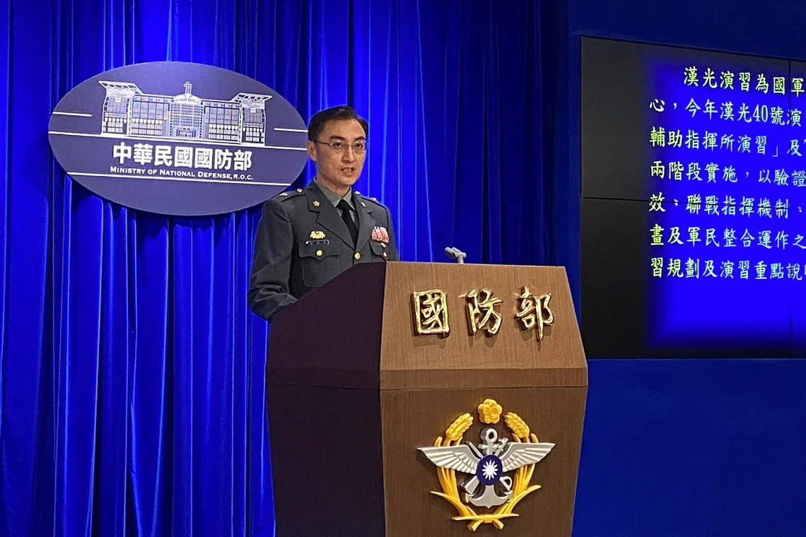 Tung Chih-hsing, joint combat planning department chief of Taiwan's Defence Ministry, attends a press briefing on the annual Han Kuang military drills, in Taipei, Taiwan April 9, 2024. REUTERS/Ben Blanchard/File Photo