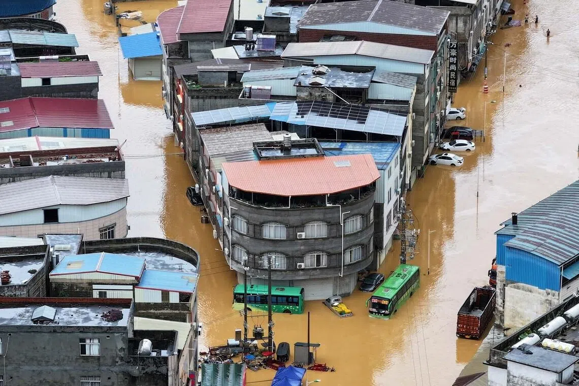 A drone view shows flooding in Pingshan village after heavy rainfall brought by Typhoon Maysak, in Hengzhou, Guangxi Zhuang Autonomous Region, China July 6, 2026. cnsphoto via REUTERS ATTENTION EDITORS - THIS IMAGE WAS PROVIDED BY A THIRD PARTY. CHINA OUT. NO COMMERCIAL OR EDITORIAL SALES IN CHINA TPX IMAGES OF THE DAY