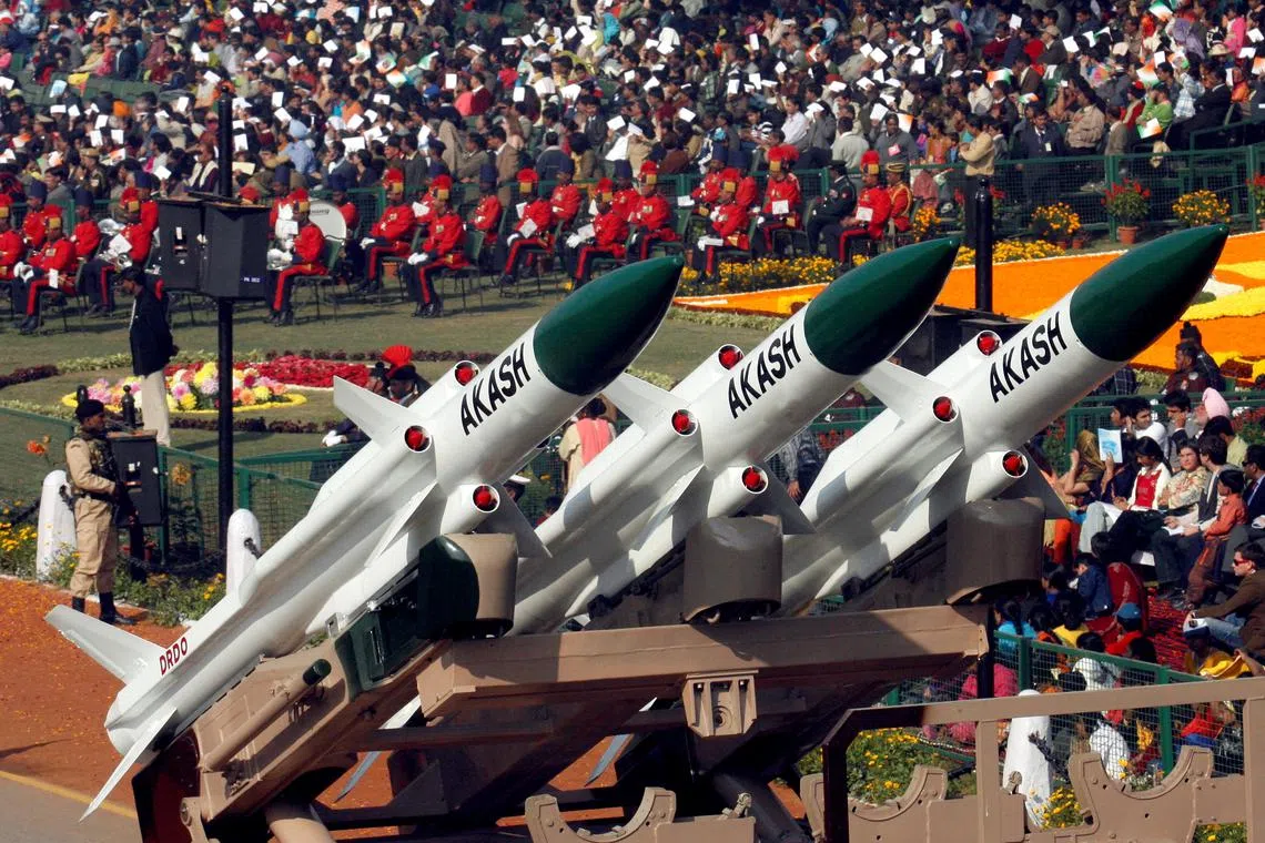FILE PHOTO: India's \"Akash\" missiles, mounted on a truck, are displayed during the Republic Day parade in New Delhi January 26, 2007. REUTERS/B Mathur (INDIA)/File Photo