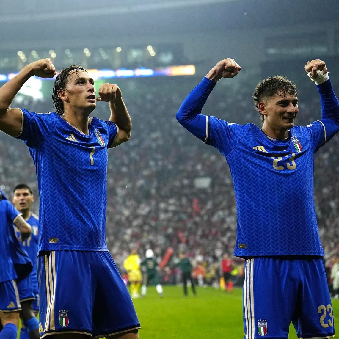 Italian brothers Pio (left) and Sebastiano Esposito celebrating after the former scored the Azzurri’s fourth goal in their 4-1 away win over Turkey in the Nations League on Sept 28.