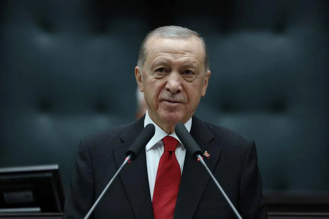 FILE PHOTO: Turkey's President Tayyip Erdogan addresses lawmakers of his ruling AK Party during a meeting at the Parliament in Ankara, Turkey November 29, 2023. Turkish Presidential Press Office/Handout via REUTERS/File photo