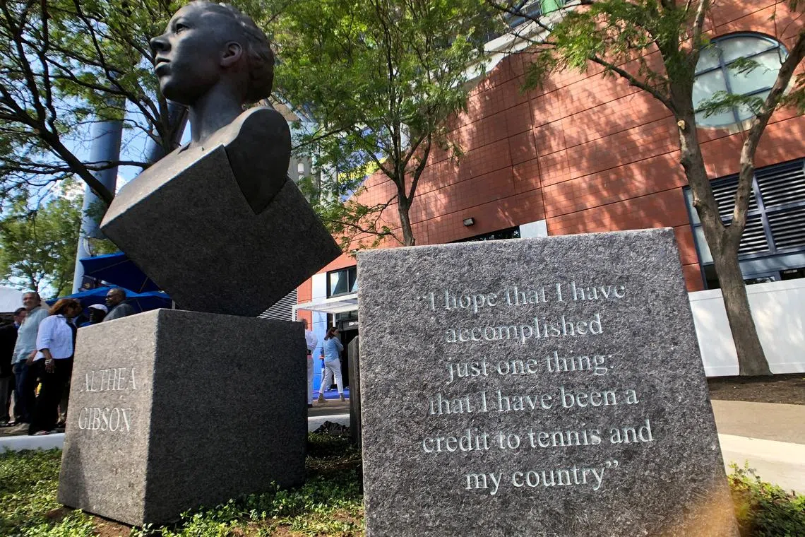 FILE PHOTO: A statue honoring African American tennis icon Althea Gibson, who helped integrate the sport, at the Billie Jean King National Tennis Center, in Flushing Meadows, New York, U.S., August 26, 2019.  REUTERS/Arlyn Gajilan/File Photo
