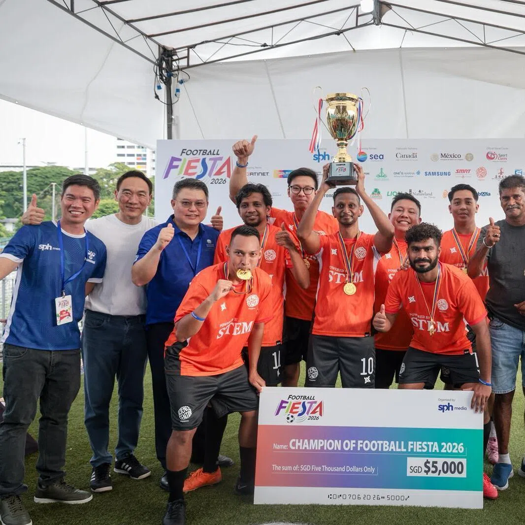 (From left) SPH Media deputy chief executive Kuek Yu Chuang; Sea Limited executive director Bruce Liang; representatives from Science Centre Singapore; SPH Media chief financial and corporate officer Tan Pei Jun; and SPH Media chief executive Chan Yeng Kit at the Football Fiesta 2026 organised by SPH Media.