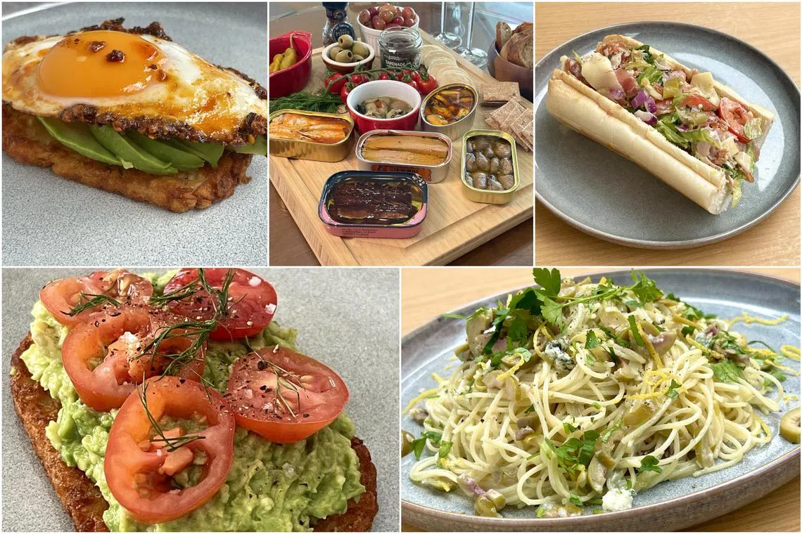 (Clockwise from top left): Hash Brown Toast, Tinned fish, Chopped sandwiches, Dirty Martini Pasta and Mashed avocado, cherry tomatoes and dill on hash brown toast.