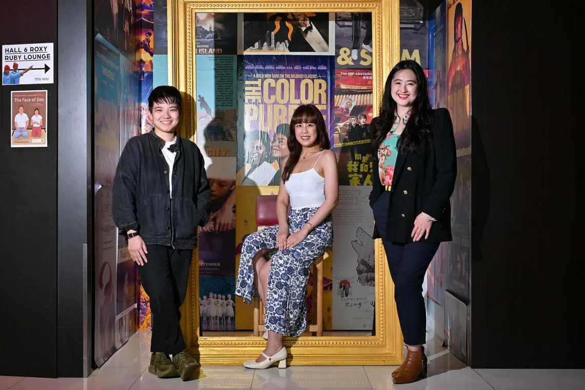 (From left) Ms Tan Si En, 31, Film Producer; Ms Nelicia Low, 32, Film Director; and Ms Low Ser En, 33, Film Producer; at Golden Village x The Projector at Cineleisure on Feb 8, 2024.
Group profile of three women in the film industry in Singapore.
(ST PHOTO: LIM YAOHUI)