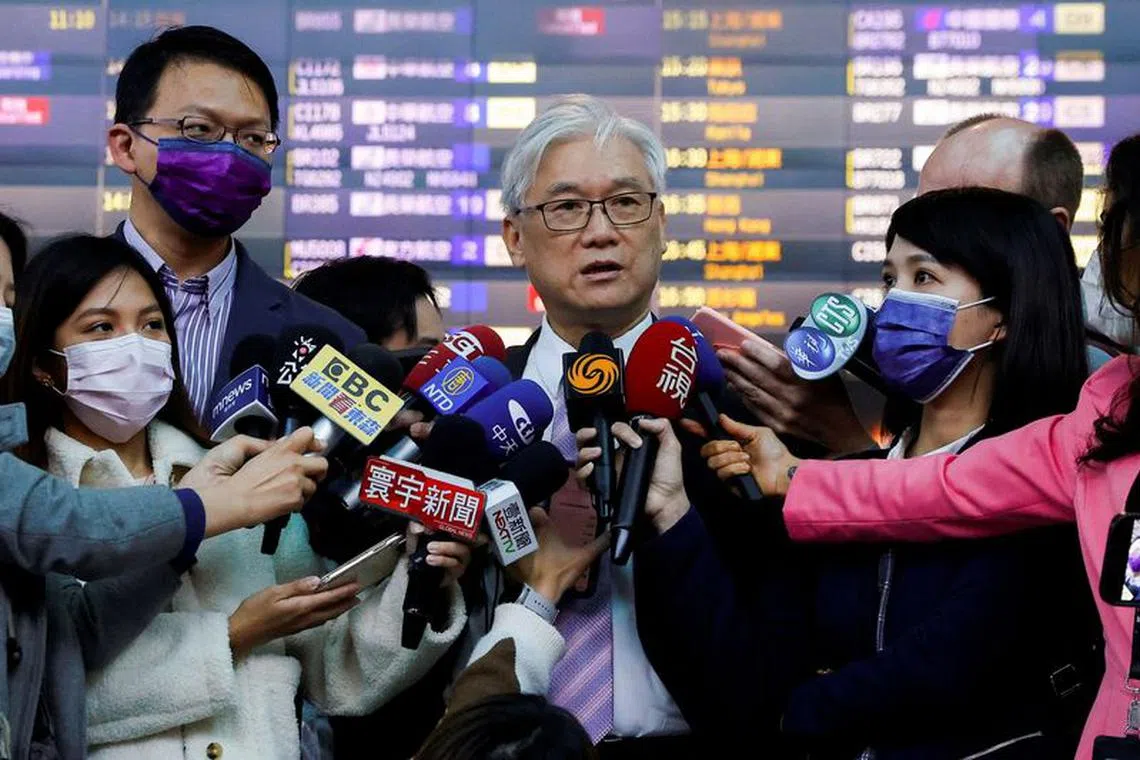 FILE PHOTO: Andrew Hsia, deputy chairman of Taiwan's main opposition party the Kuomintang speaks to the media before traveling to China at Taoyuan International Airport in Taoyuan, Taiwan, February 8, 2023. REUTERS/Ann Wang/File Photo