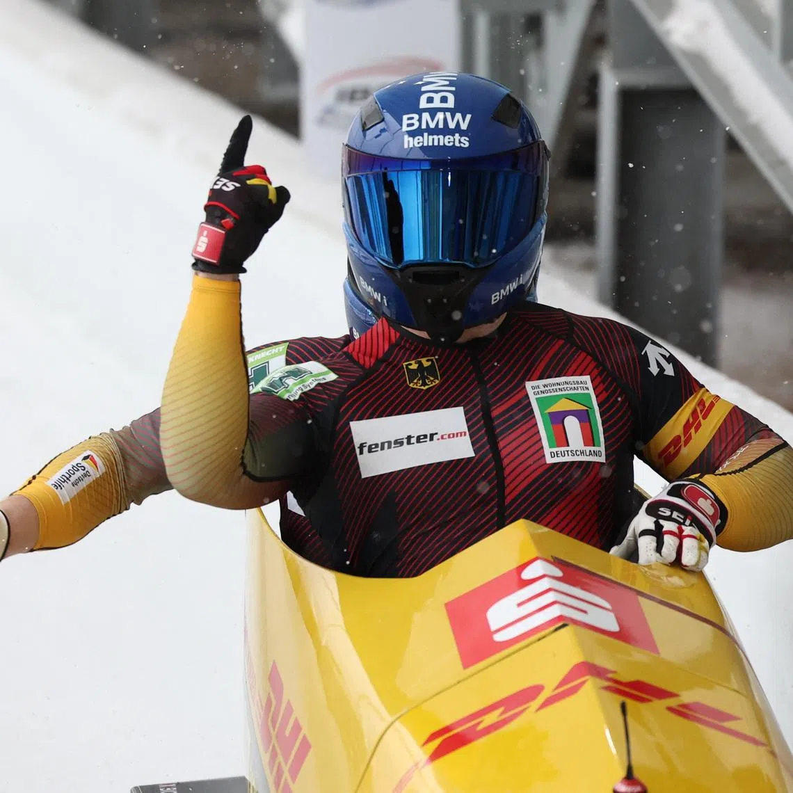FILE PHOTO: Bobsleigh and Skeleton - IBSF World Championships - Mount Van Hoevenberg, Lake Placid, New York, United States - March 9, 2025 Germany's Francesco Friedrich and Alexander Schuller celebrate after winning the 2-man Bobsleigh REUTERS/Brendan Mcdermid/File Photo