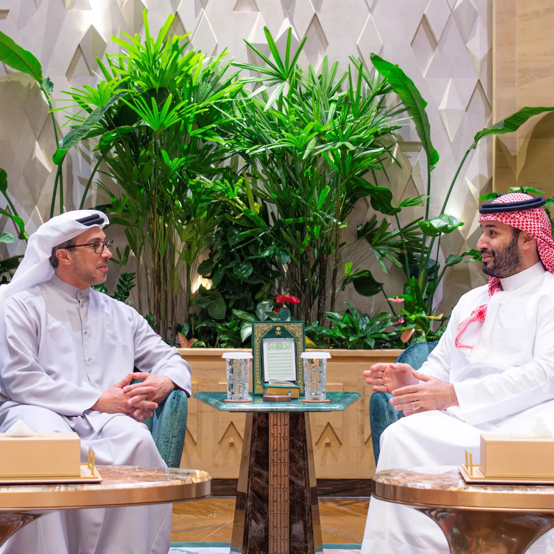 Saudi Crown Prince, Mohammed bin Salman meets UAE Vice President and Deputy Prime Minister, Sheikh Mansour bin Zayed Al Nahyan in Riyadh, Saudi Arabia, September 29, 2026. Bandar Algaloud/Courtesy of Saudi Royal Court/Handout via REUTERS