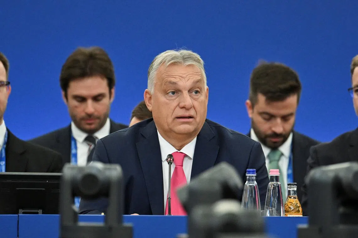 Hungarian Prime Minister Viktor Orban speaks during the European Political Community Summit at the Puskas Arena, in Budapest, Hungary, November 7, 2024. REUTERS/Marton Monus