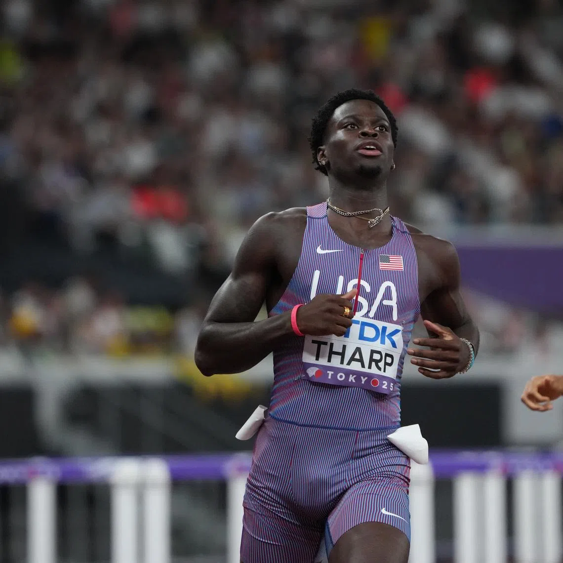 Sep 15, 2025; Tokyo, Japan; Ja'Kobe Tharp (USA) during a heat of the mens 110m hurdles during World Athletics Championships at National Stadium. Mandatory Credit: Kirby Lee-Imagn Images