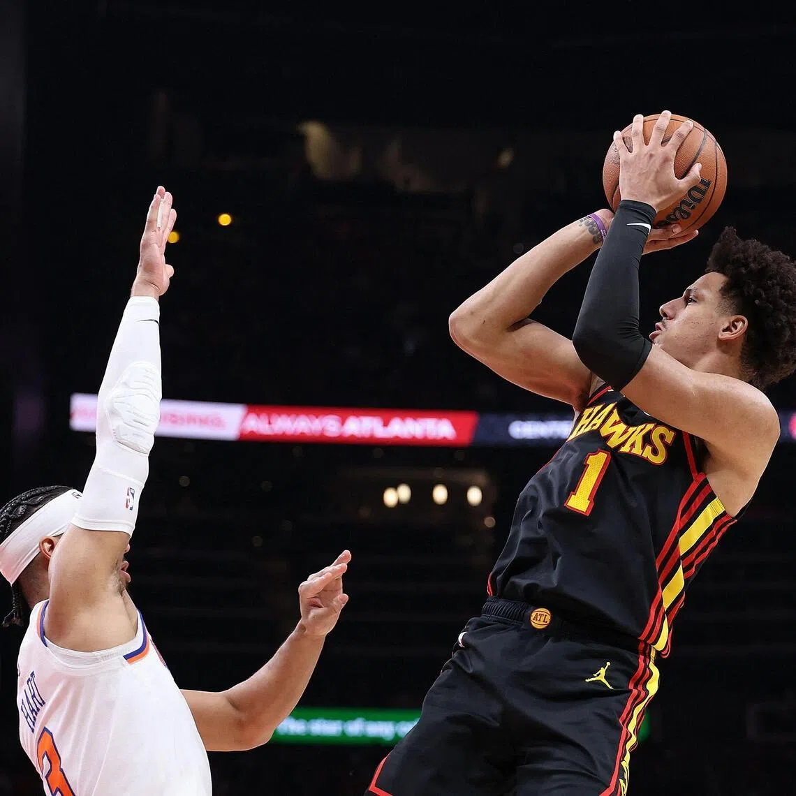 First-time NBA All-Star Jalen Johnson is averaging 22.7 points, 10.3 rebounds and 8.0 assists for the Atlanta Hawks this season.