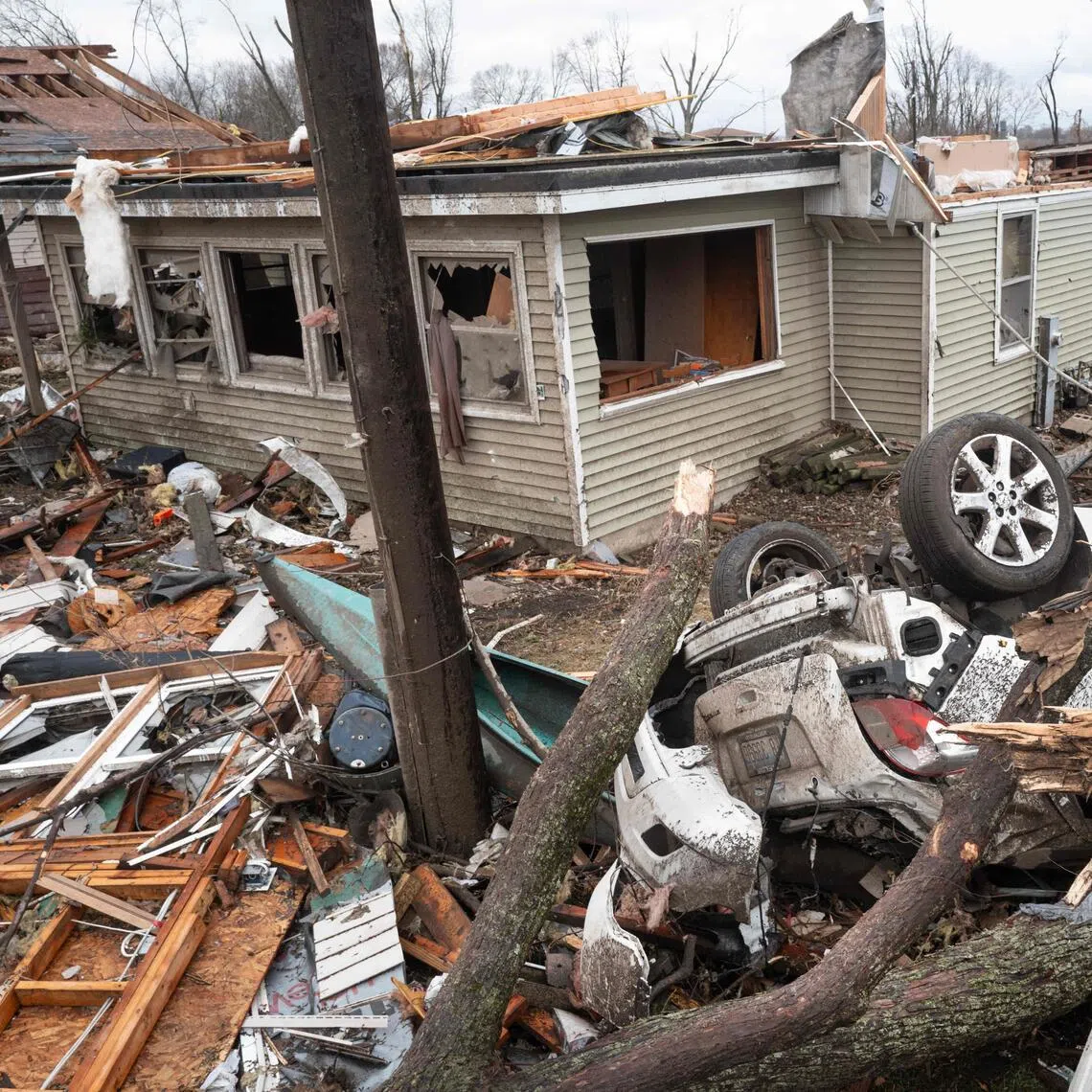 A home destroyed by a tornado in Aroma Park, Illinois, on March 11, 2026. Scientists are concerned about increasingly extreme weather that is happening more often.