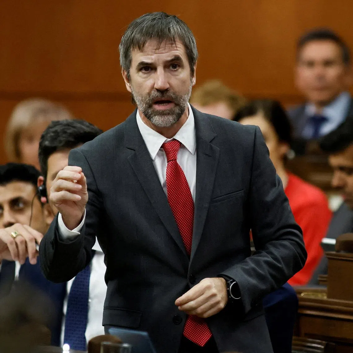 FILE PHOTO: Canada's Minister of Canadian Identity and Culture Steven Guilbeault speaks during Question Period in the House of Commons on Parliament Hill in Ottawa, Ontario, Canada September 15, 2025. REUTERS/Blair Gable/File Photo