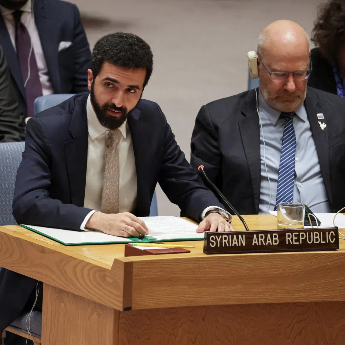 Syrian Arab Republic's Ambassador to the United Nations Ibrahim Olabi addresses the Security Council during the meeting on the situation in the Middle East, at U.N. headquarters in New York City, U.S., February 18, 2026. REUTERS/Jeenah Moon/File Photo
