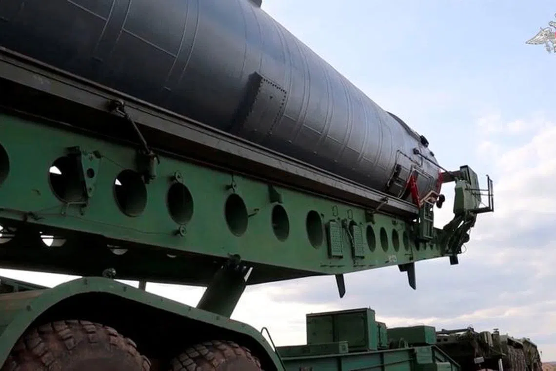 An intercontinental ballistic missile equipped with the nuclear-capable \"Avangard\" hypersonic glide vehicle is lifted to its launch silo in Orenburg region, Russia, in this image taken from a video released on November 16, 2023.  Russian Defence Ministry/Handout via REUTERS/File Photo