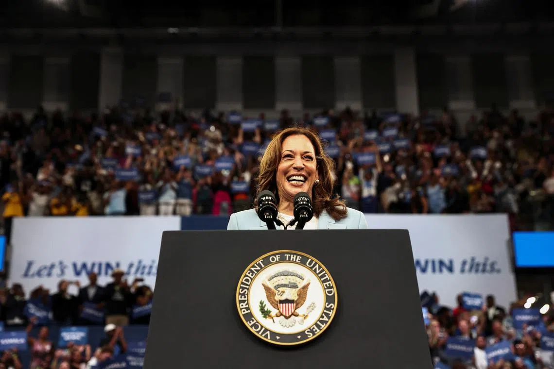 FILE PHOTO: U.S. Vice President Kamala Harris speaks at a presidential election campaign event in Atlanta, Georgia, U.S. July 30, 2024. REUTERS/Dustin Chambers/File Photo