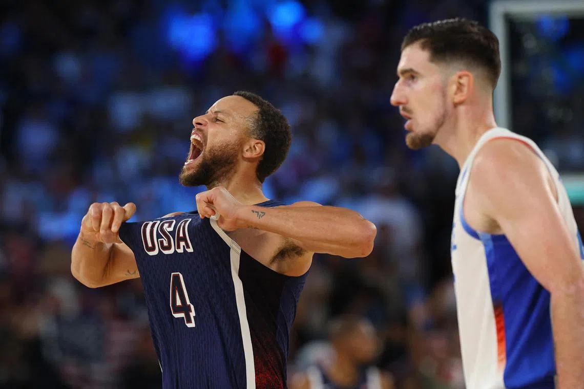United States captain Stephen Curry celebrating a three-pointer during the men's basketball final against France at the Bercy  Arena on Aug 10. 