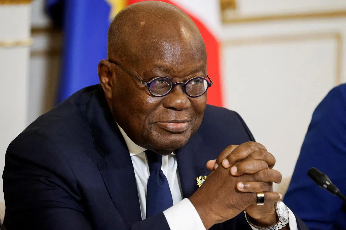 FILE PHOTO: Ghana's President Nana Akufo-Addo looks on during the 5th Summit of \"Christchurch Call\", at the Elysee Presidential Palace in Paris, France November 10, 2023.  LUDOVIC MARIN/Pool via REUTERS/File Photo