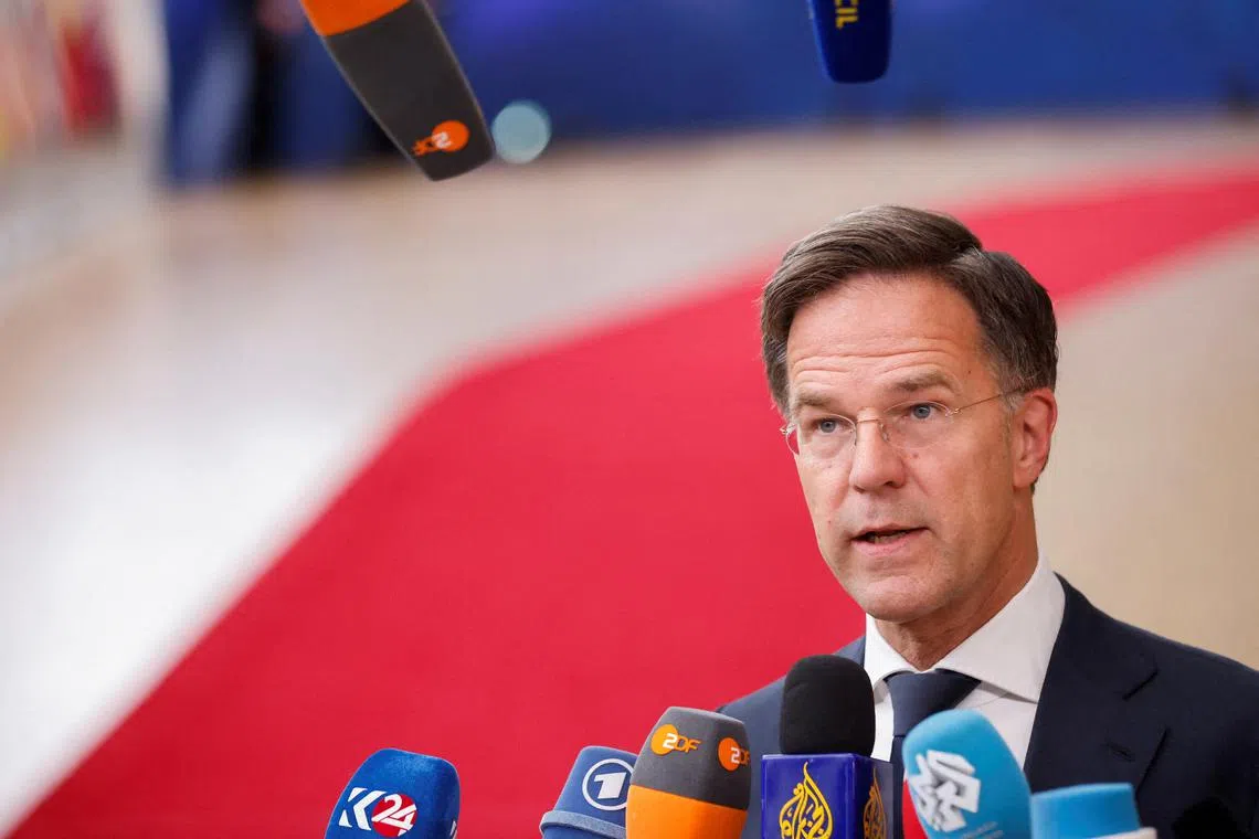FILE PHOTO: Dutch Prime Minister Mark Rutte speaks to the media on the day of a European Union leaders informal summit in Brussels, Belgium June 17, 2024. REUTERS/Johanna Geron/File Photo