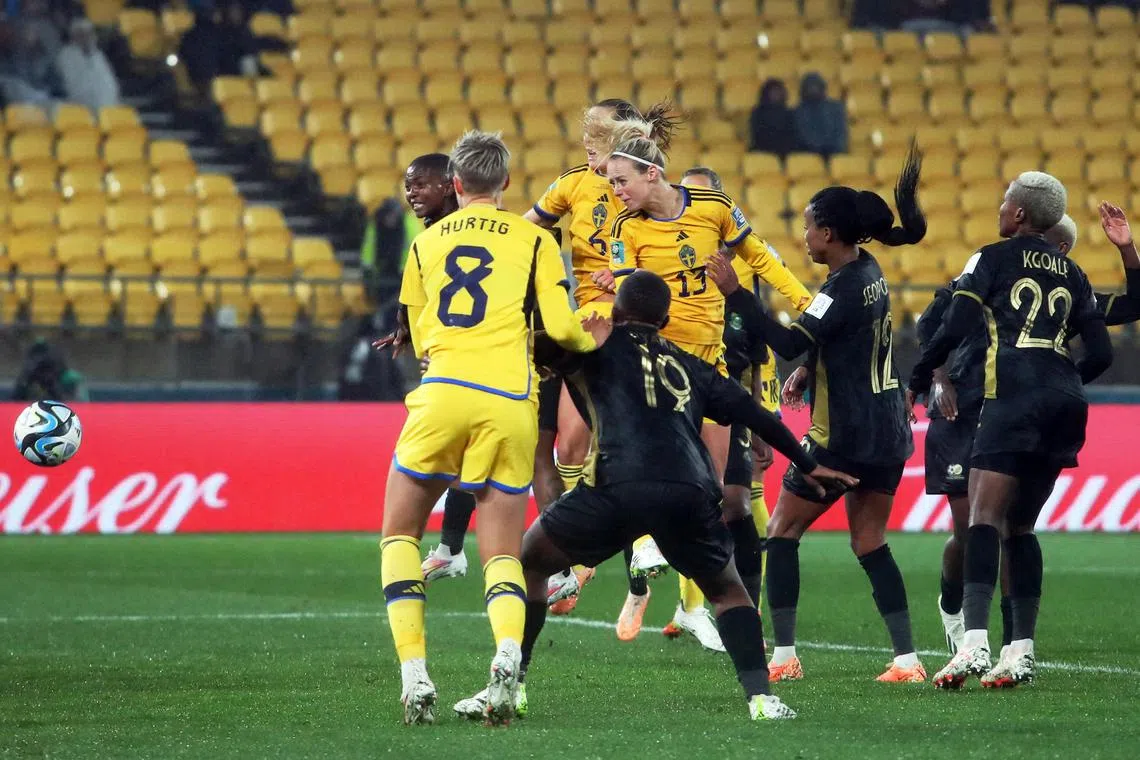 Sweden defender Amanda Ilestedt (No. 13) heading in the late winner in their 2-1 Women's World Cup victory over South Africa in Wellington on July 23, 2023.