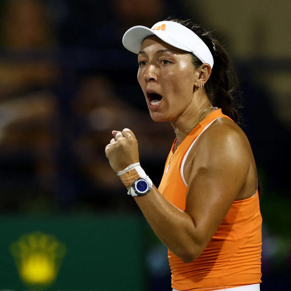 Tennis - WTA 1000 - Dubai Championships - Dubai Tennis Stadium, Dubai, United Arab Emirates - February 20, 2026 Jessica Pegula of the U.S. reacts during her semi final match against Amanda Anisimova of the U.S. REUTERS/Amr Alfiky