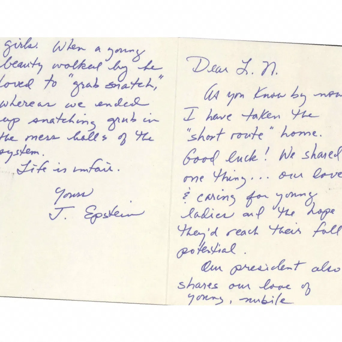 A card that makes a crude reference to U.S. President Donald Trump, purportedly written by convicted sex offender Jeffrey Epstein to Larry Nassar, who is serving a life sentence for sexually abusing hundreds of girls, is shown in this image released by the Department of Justice in Washington, D.C., U.S., on December 23, 2025, as part of a new trove of documents from its investigations into the late financier and convicted sex offender Jeffrey Epstein. The postmark on its envelope is Virginia, not New York, where Epstein was jailed, and indicates the envelope was processed three days after his death in August 2019. The return address on the envelope incorrectly identifies the jail where Epstein was being held and does not include his inmate number, as required by the Bureau of Prisons policy manual for outgoing mail. Reuters was unable to determine whether the card is authentic.   U.S. Justice Department/Handout via REUTERS