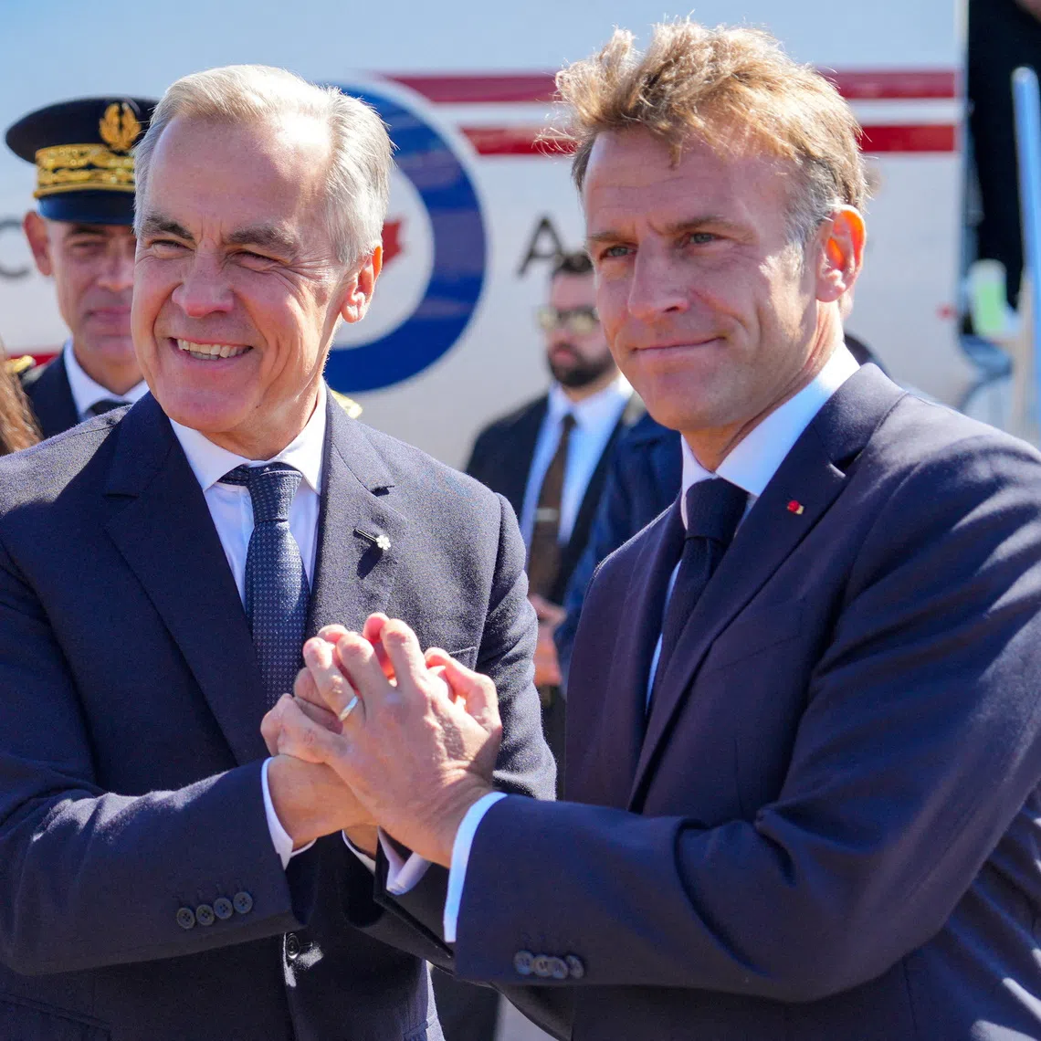 French President Emmanuel Macron and Canadian Prime Minister Mark Carney meet in the small French territory of Saint-Pierre and Miquelon, France on Sept 20, 2026.