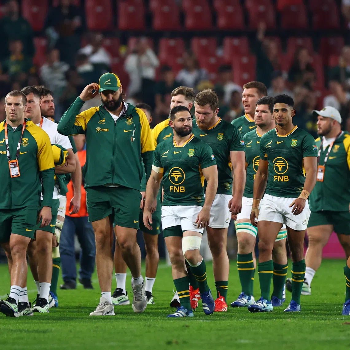 Rugby Union - New Zealand tour of South Africa - South Africa v New Zealand - Ellis Park Stadium, Johannesburg, South Africa - August 22, 2026  South Africa players look dejected after the match REUTERS/Siphiwe Sibeko