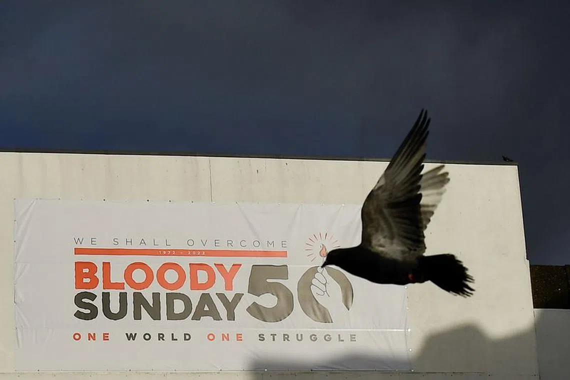 FILE PHOTO: A bird flies past a building ahead of the 50th anniversary of the \"Bloody Sunday\" shootings, in Londonderry, Northern Ireland, January 29, 2022. REUTERS/Clodagh Kilcoyne/File Photo