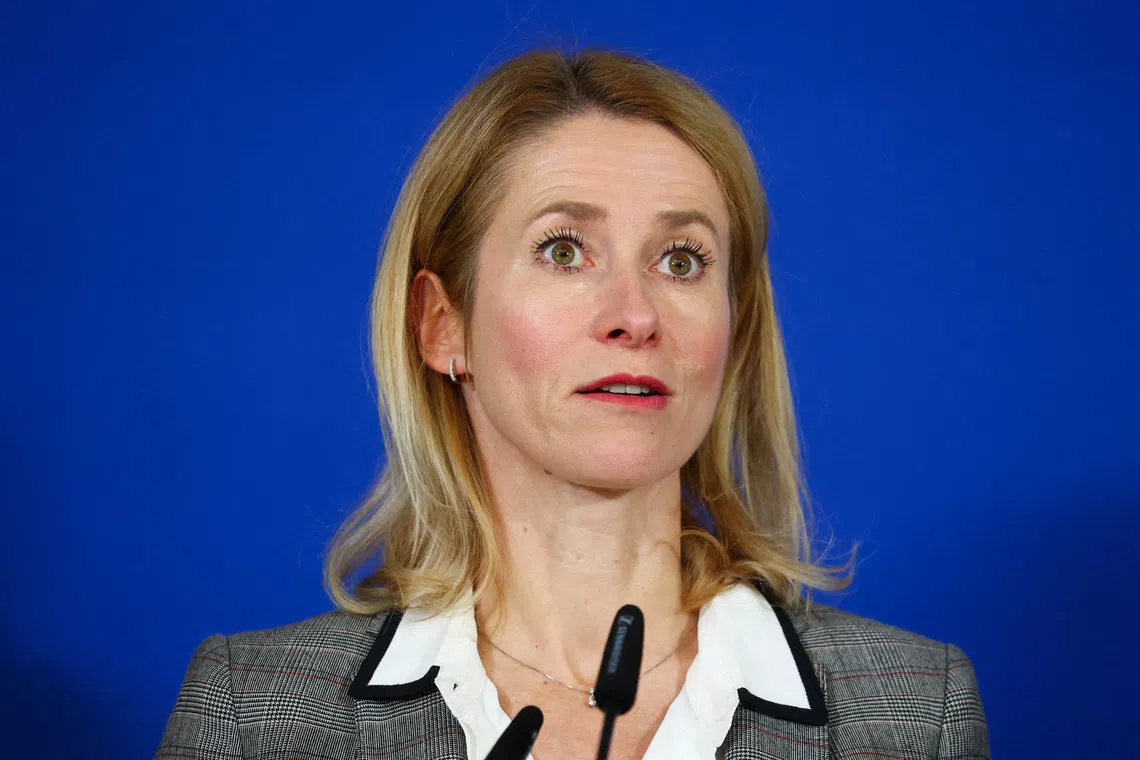 FILE PHOTO: European Union High Representative for Foreign Affairs and Security Policy and European Commission Vice-President Kaja Kallas attends a press conference after a European Group of Five (E5) defence ministers meeting, which includes Britain, France, Germany, Italy, and Poland, together with Kallas, to discuss additional aid for Ukraine, in Berlin, Germany, November 14, 2025. REUTERS/Christian Mang/File Photo