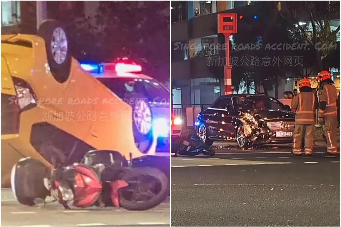 A yellow car that had overturned and two damaged motorcycles were seen in the aftermath of the accident.
